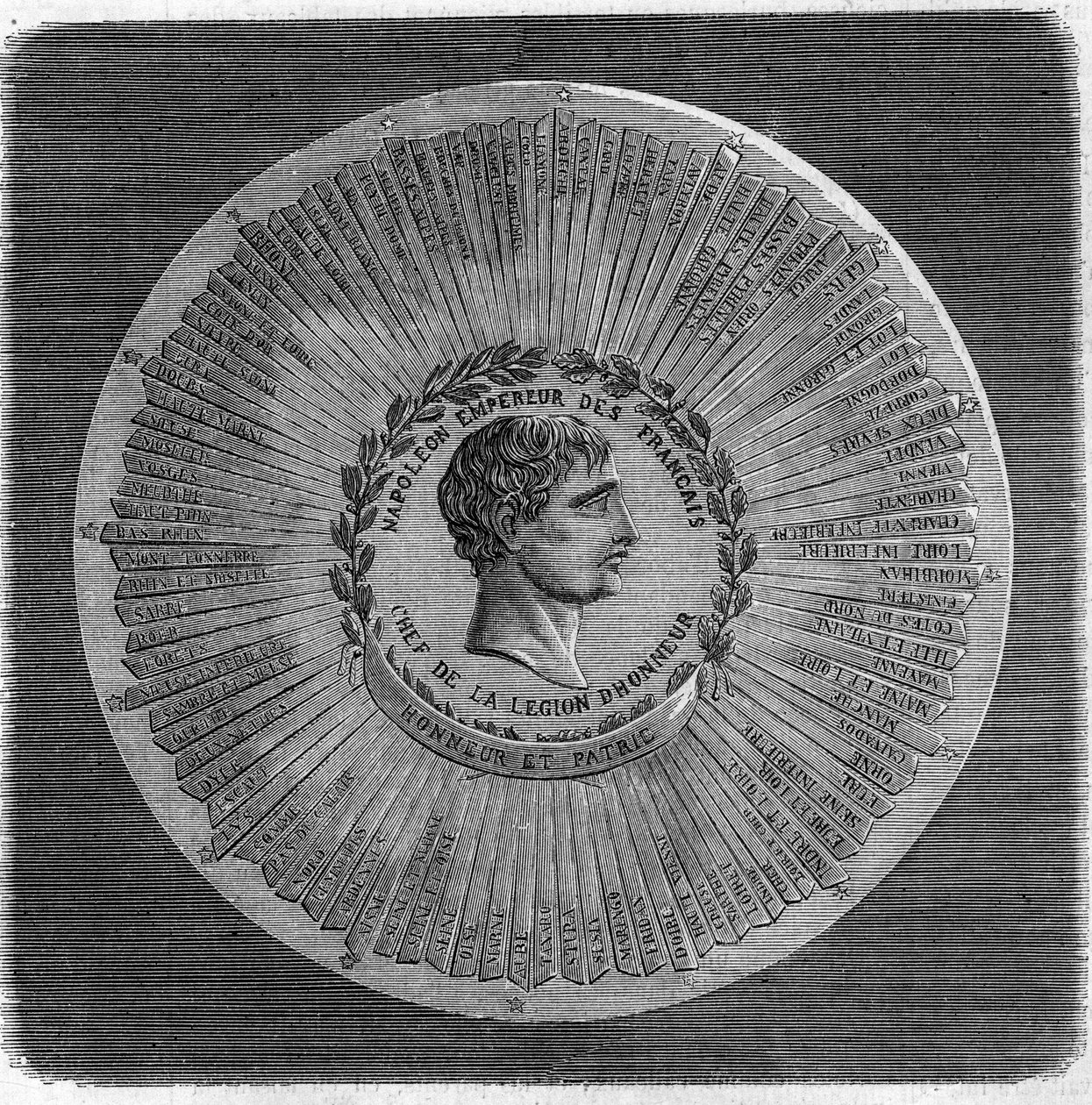 Velká pečeť Napoleona I. Bonaparta (1769-1821) v roce 1804: „“ Napoleon francouzský císař, hlava Čestné legie. Čest a vlast“. Gravírování do „“The Illustrious Universe““ od Unknown artist
