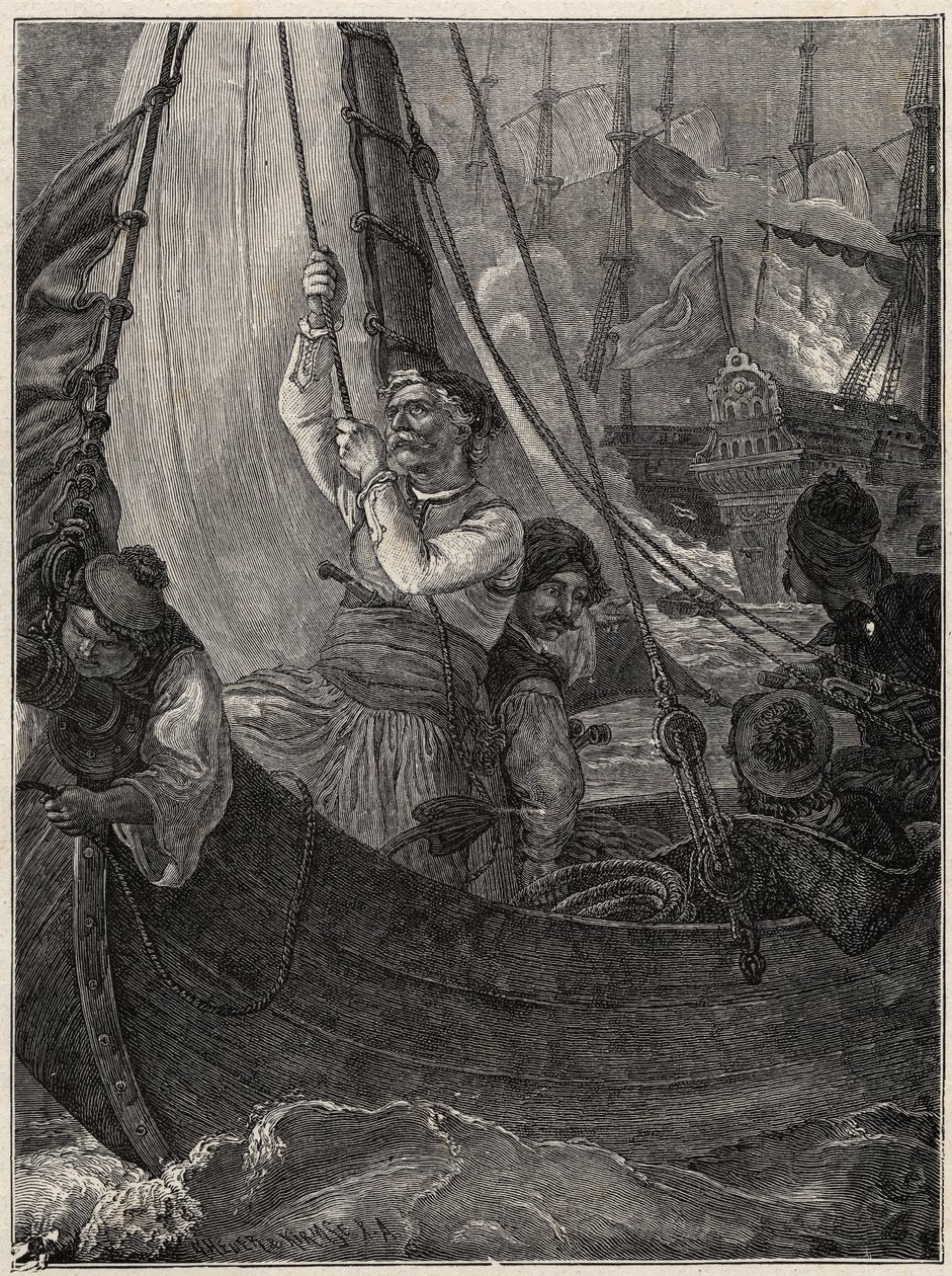 Řecká válka za nezávislost 1821 - 1829: Constantine (Constantine) Kanaris (Konstantinos Canaris) spálil vlajkovou loď turecké flotily před Chiosem od Unknown artist