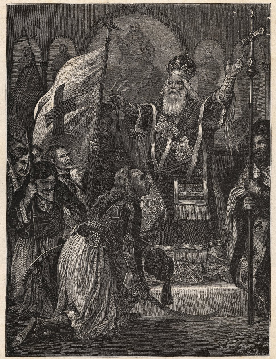 Řecká válka za nezávislost 1821 - 1829: biskup Germanos (Germain) III ze Starého Patrasu (Georgios Gotzias) požehnal vlajku boje za svobodu, klášter Agia Lavra (Sainte Laure du Peloponnese), 21. března 1821 - rytina po malování od Unknown artist