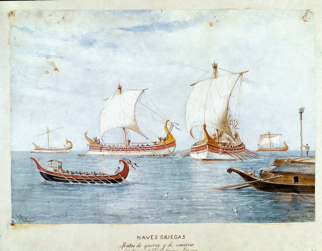 Řecké válečné lodě a obchod (Akvarel od Unknown artist