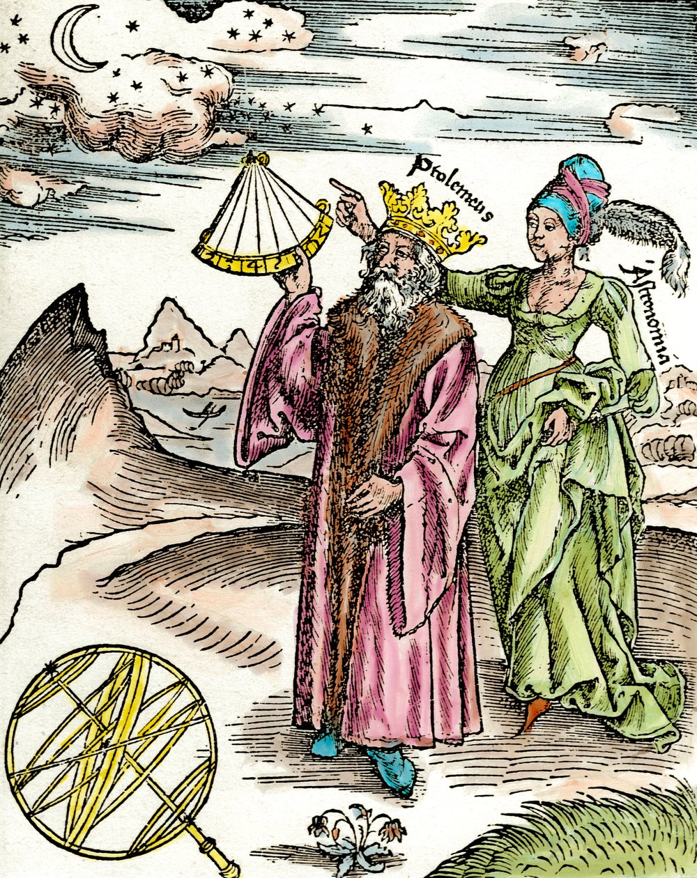 Řecký astronom Claude Ptolemaee (Claudius Ptolemaeus) (kolem 90-kolem 168 n. l.) pomocí sextantu a astronomie. Rytina z roku 1503. Soukromá sbírka od Unknown artist