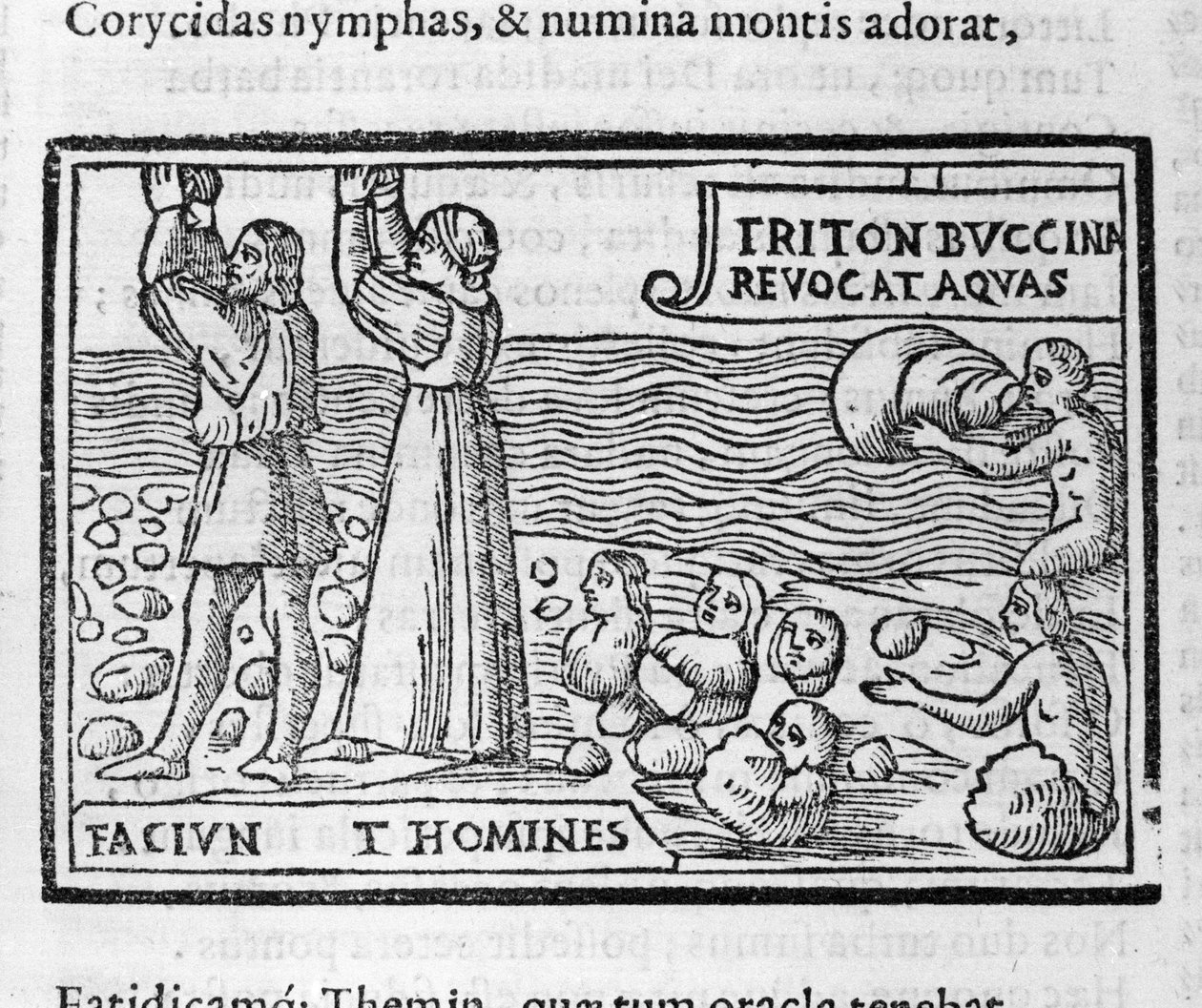 Řecká mytologie: Deucalion a Pyrrha házejí kameny, z nichž se rodí lidské bytosti po potopě, která zalidnila Zemi. Xylografie 16. století od Unknown artist