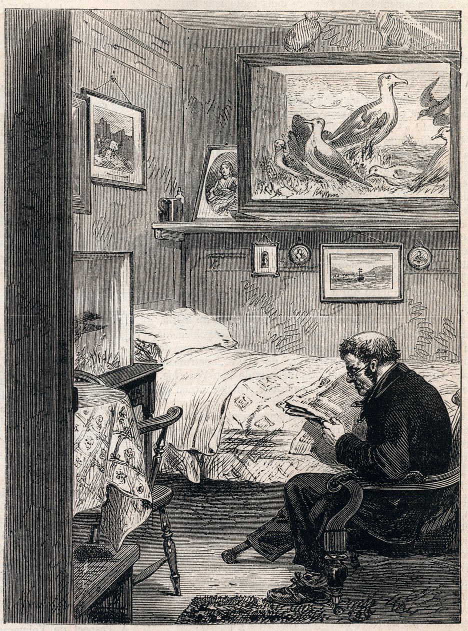 Greenwich Hospital Cabin Royal Charles Ward - 1865 rytina námořního důchodce v jeho penzionu (Greenwich Hospital) - od Unknown artist