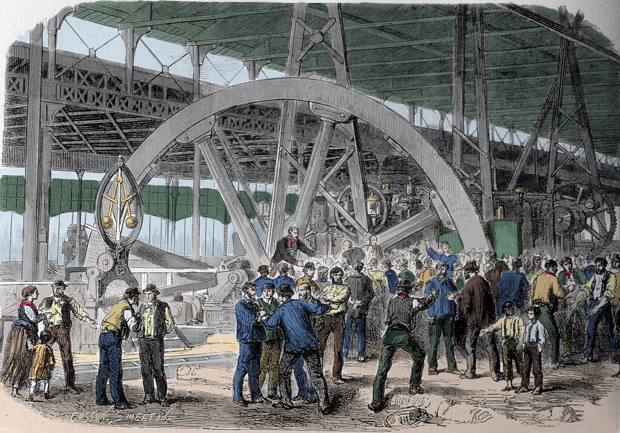 Greve du Creusot. Smiřitelný dělníků v dílnách, v době výplaty. 19. století. od Unknown artist