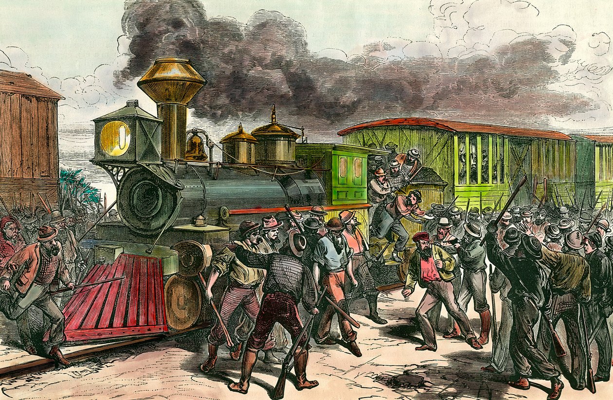Greve na železniční trati spojující Baltimore, Ohio Dělníci pronásledují řidiče a inženýry z vlaku mířícího do Baltimoru. 1877 Soukromá sbírka rytin 19. století od Unknown artist