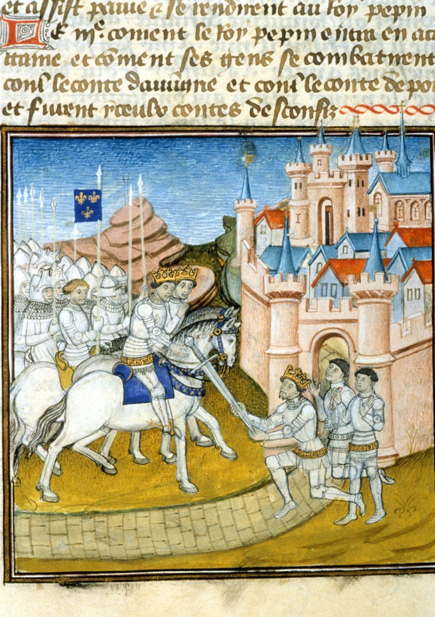 Griffon (Grippon) (asi 726-753) odešel ke svým bratrům Pepinovi III. známým jako Pepin le Brief (714-768) a Carlomanovi (asi 715-754) po obléhání Laonu v roce 741. Miniatura v „“ Grandes Chroniques de Saint-Denis”” od Unknown artist