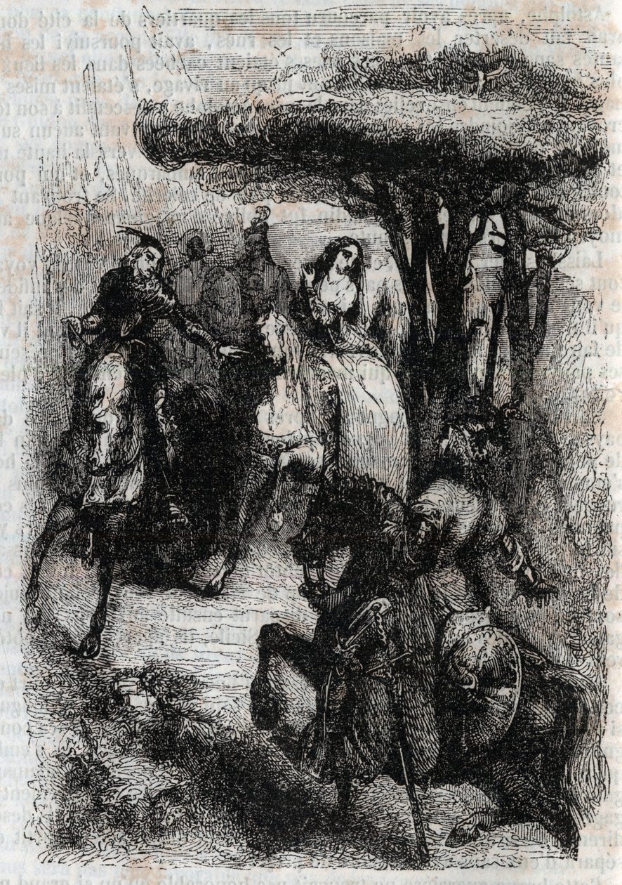 Griffon meets Origille – rytina z roku 1851 z „“Zuřivého Rolanda““ (Orlando furioso) (16. století) od Ludovica Ariosta, známého jako Ariosto – vydání přeložené z italštiny hrabětem z Tressanu a vydané Gustavem Harvardem v roce 1851 od Unknown artist