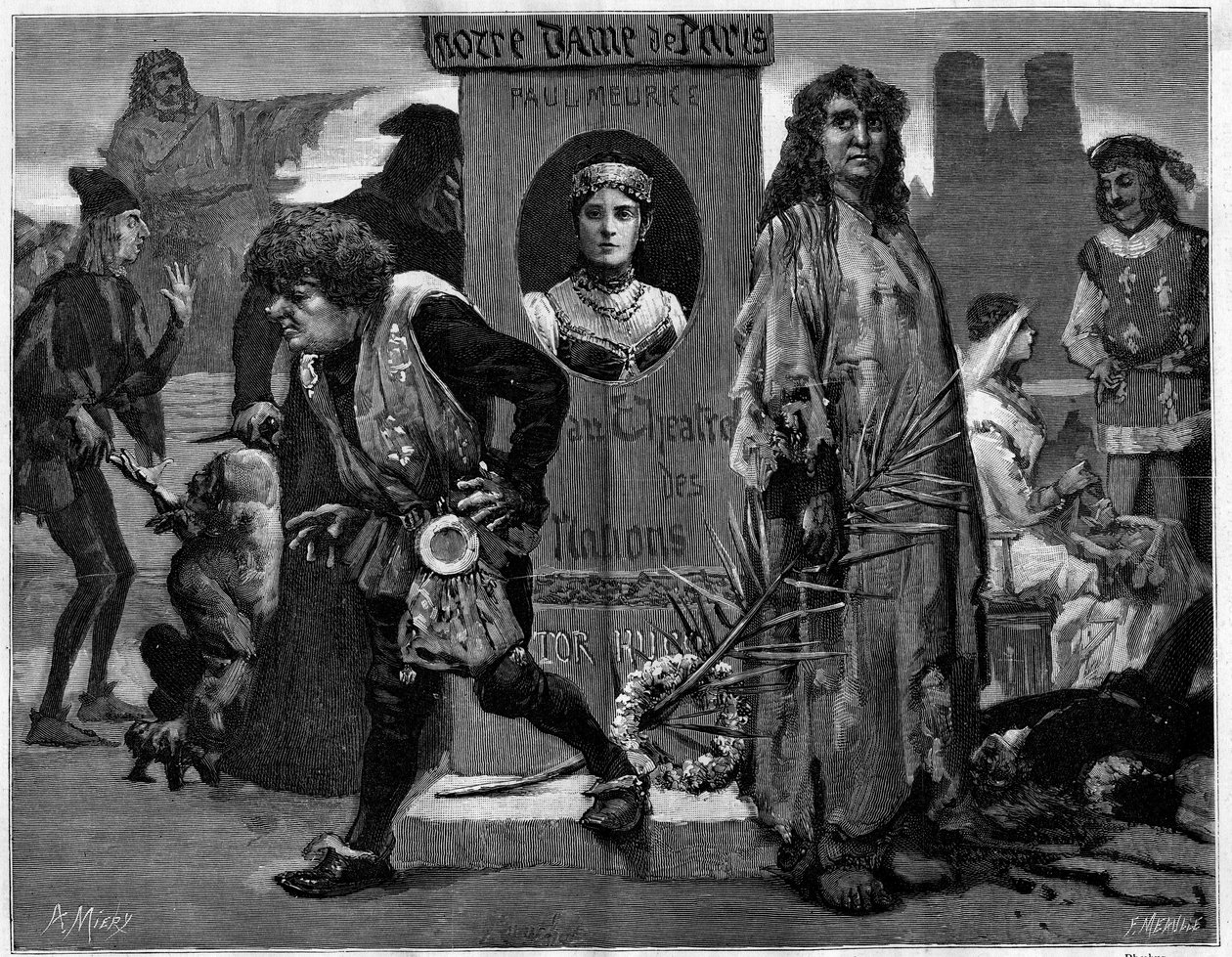 Gringoire, Quasimodo, La Esmeralda, La Sachette a Phoebus. Hlavní postavy divadelního kusu Notre Dame de Paris, drama Paula Meurice (1912-1979) Victora Huga (1802-1885) zastoupeného v Theater des Nations. Rytina v ilustru „“ Le Monde od Unknown artist