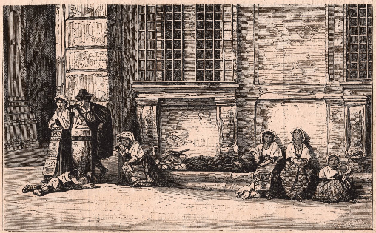 Skupina neapolských rolníků sedících před palácem Farnese v Římě, Itálie od Unknown
