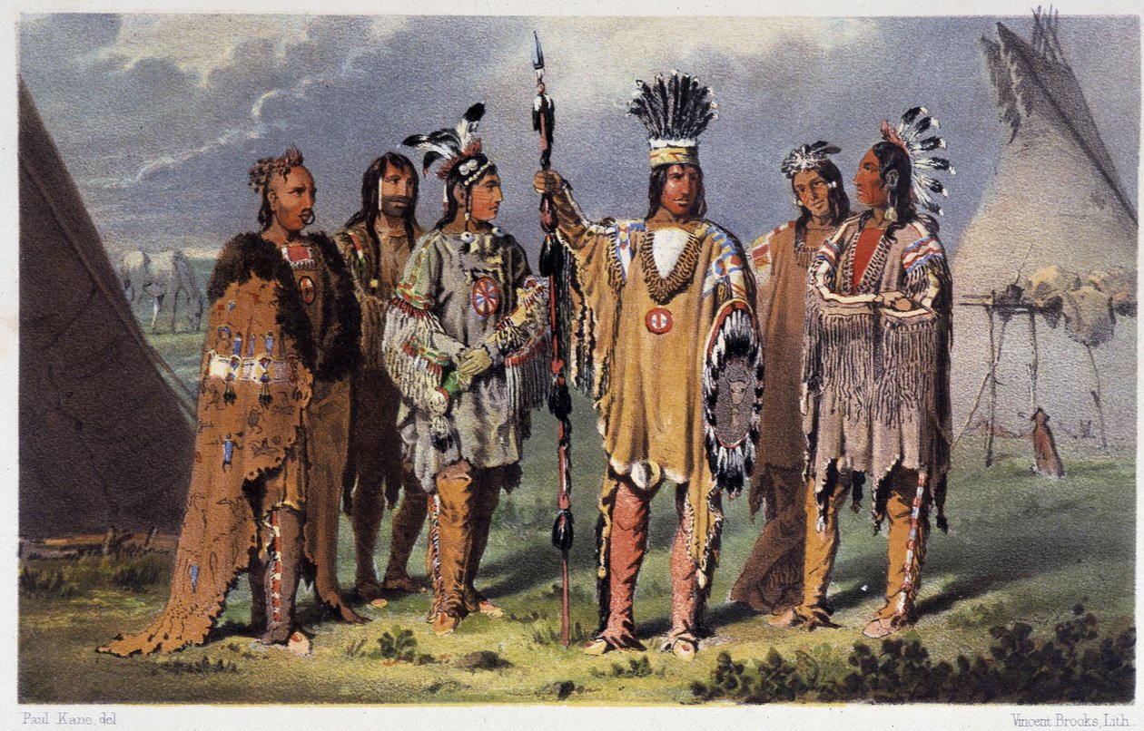Skupina šesti indiánských náčelníků - v „“ Putování umělce mezi indiány Severní Ameriky““ od Paula Kanea, Longmanse & Robertse, Londýn od Unknown artist