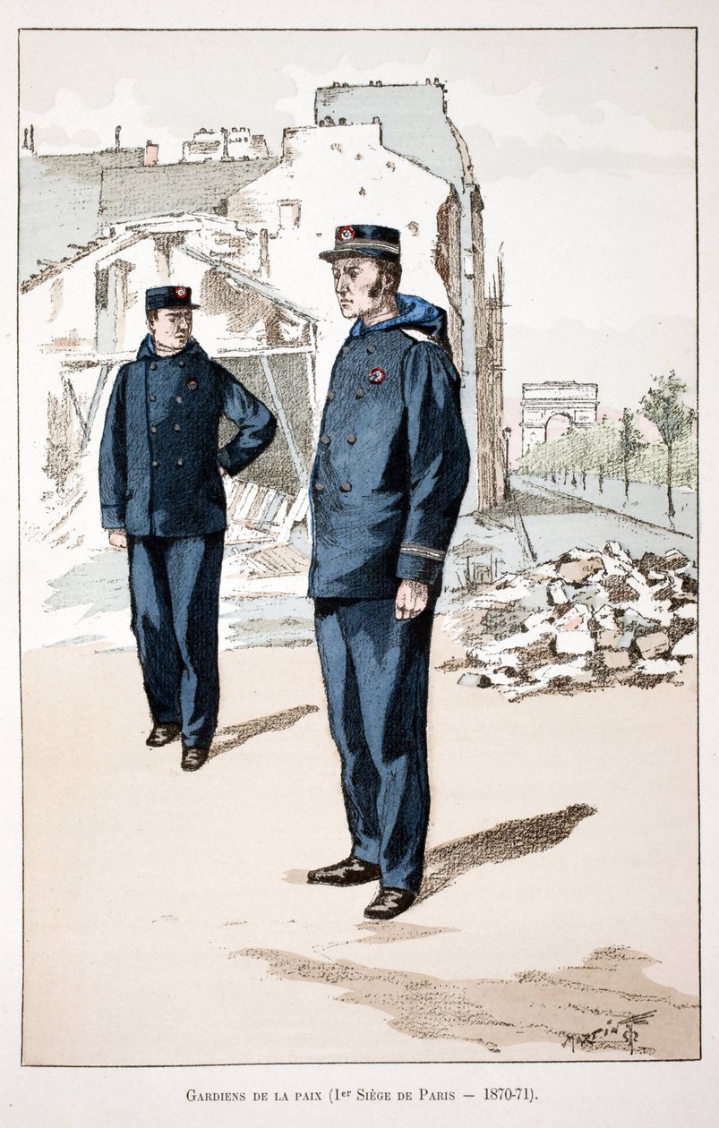 Strážci míru (první sídlo Paříže 1870-1871). Lept v barvách, pro ilustraci Kniha „Historie sboru mírotvorců“““ vydaná pod záštitou Louise Lepinea (1846-1933), prefekta policie na Seině, Alfredem Reyem (1864-? od Unknown artist