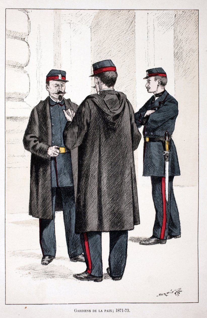 Strážci míru (1871-1873). Barevný lept, pro ilustraci Kniha „Historie sboru mírových sil“““ vydaná pod záštitou Louise Lepinea (1846-1933), prefekta policie na Seině, od Alfreda Reye (1864-?) a Louise Ferona od Unknown artist