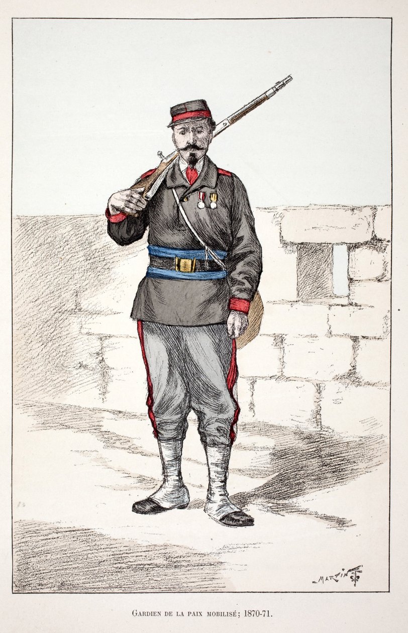 Strážci míru mobilizují (1870-1871). Barevný lept, pro ilustraci Kniha „Historie sboru mírových jednotek“““ vydaná pod záštitou Louise Lepinea (1846-1933), prefekta policie na Seině, od Alfreda Reye (1864-?) a Lo od Unknown artist