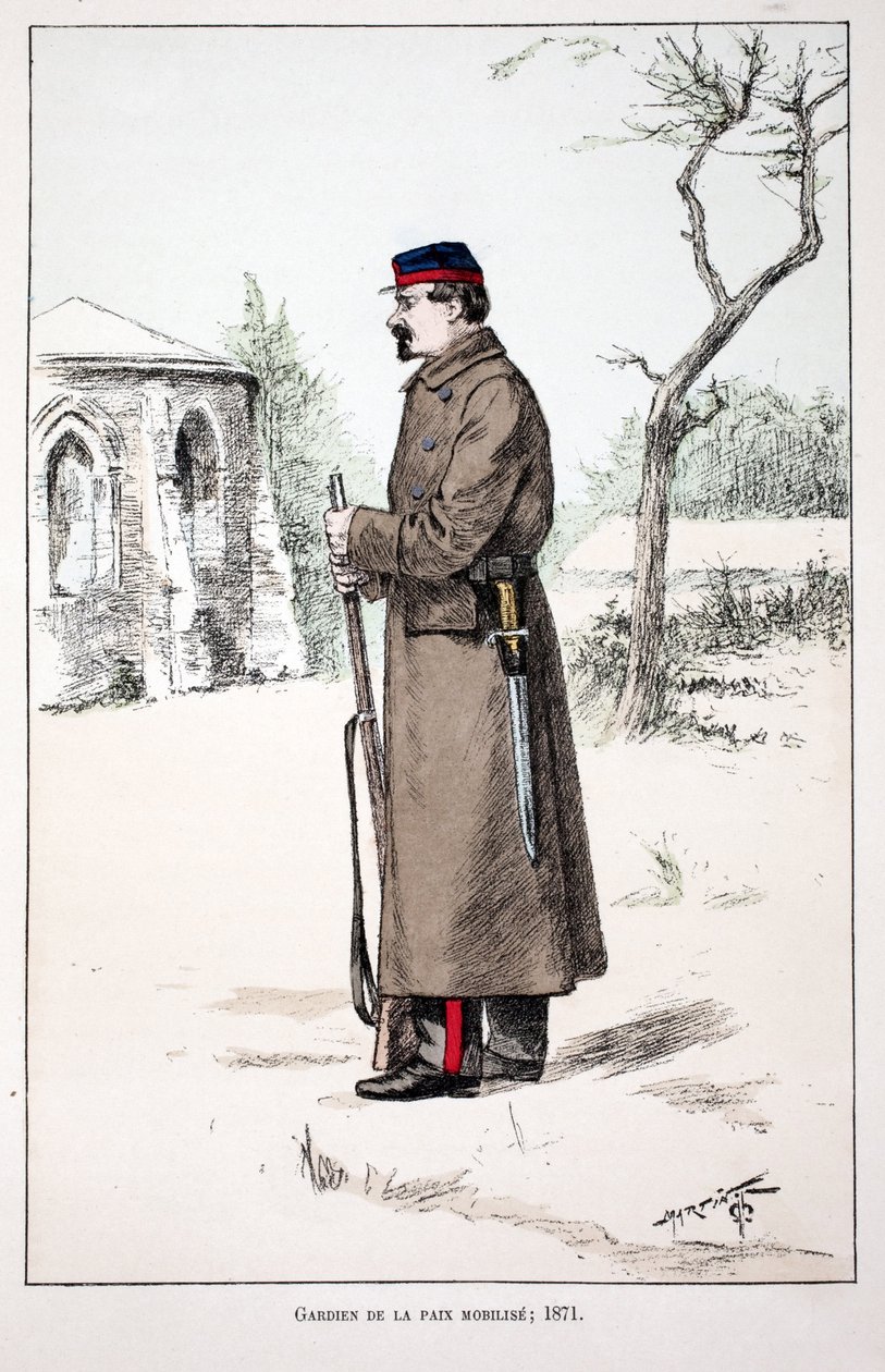Strážci míru mobilizují (1871). Lept v barvách, pro ilustraci Kniha „Historie sboru mírových sil“““ vydaná pod záštitou Louise Lepinea (1846-1933), prefekta policie na Seině, od Alfreda Reye (1864-?) a Louise F. od Unknown artist