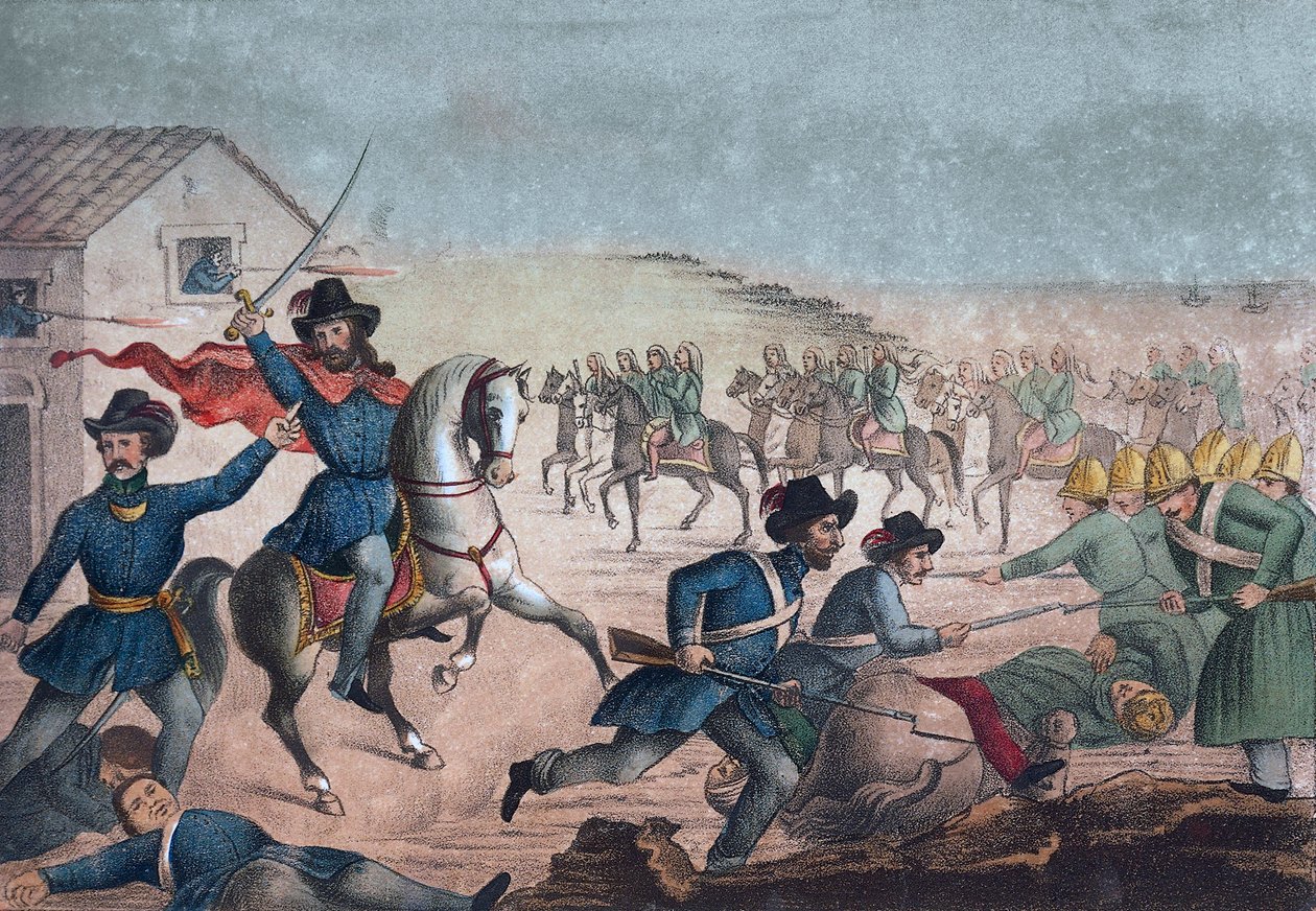 Guerra Grande: Garibaldi v bitvě u San Antonia, 8. února 1846 – Uruguay – Uruguayská občanská válka: Giuseppe Garibaldi během bitvy o San Antonio v Uruguayi 8. února od Unknown artist