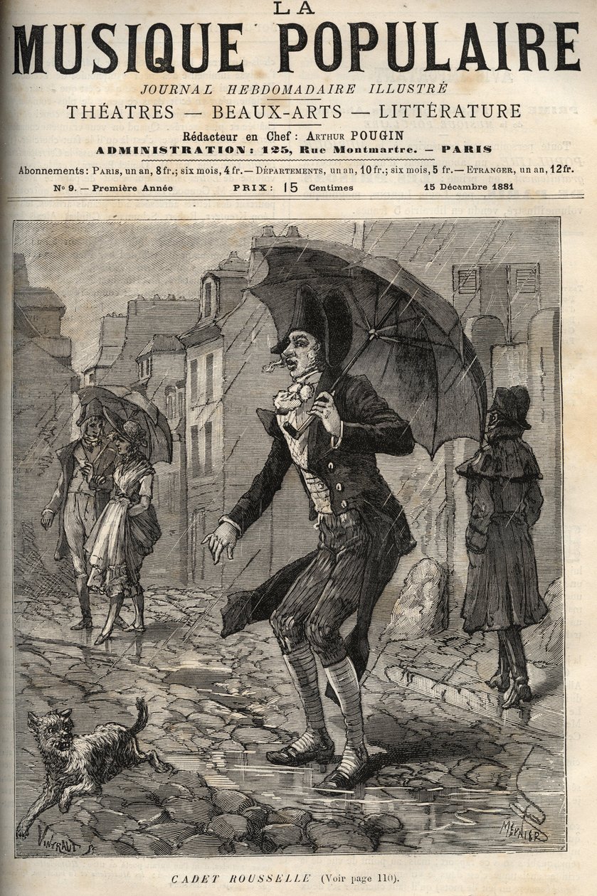 Guillaume Joseph Rousselle (Roussel), známý jako Cadet Rousselle (1743-1807), francouzský vykonavatel, pod deštěm v rue de Paris. rytina v "Populární hudbě"" Ilustrovaný týdeník - 1881 od Unknown artist