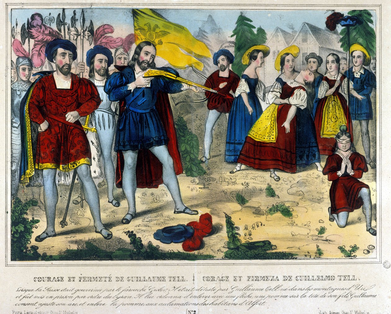Guillaume Tell (William Tell) (legendární hrdina švýcarské nezávislosti). Barbar Gesler donutí Guillauma Tella, aby šípem odstranil jablko umístěné na hlavě jeho dítěte. 19. století rytina od Unknown artist