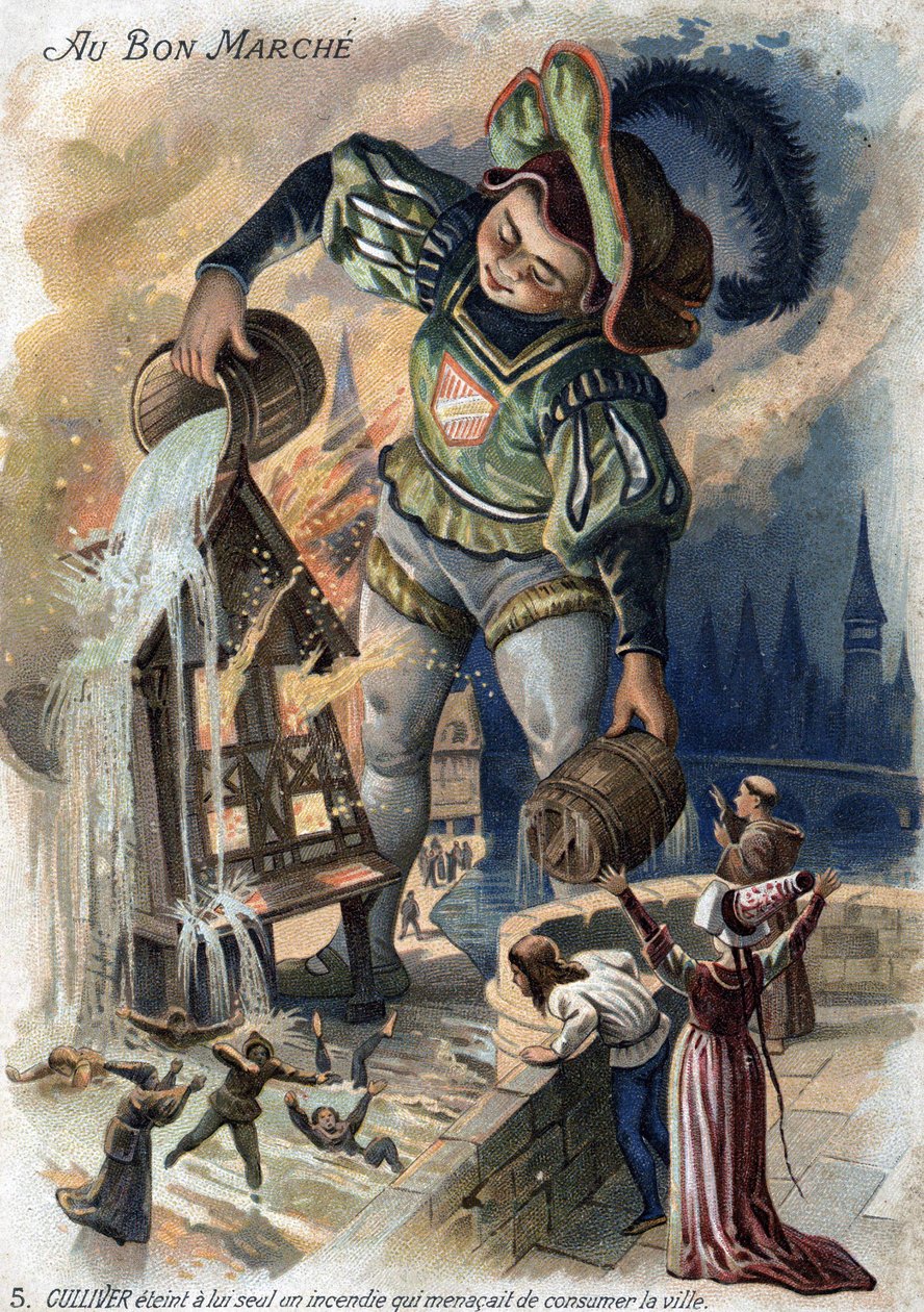 Gulliverovy cesty Jonathana Swifta. Gulliver sám způsobil požár, který hrozil, že pohltí město v Lilliput. Chromolitografie 19. století. (levný). od Unknown artist