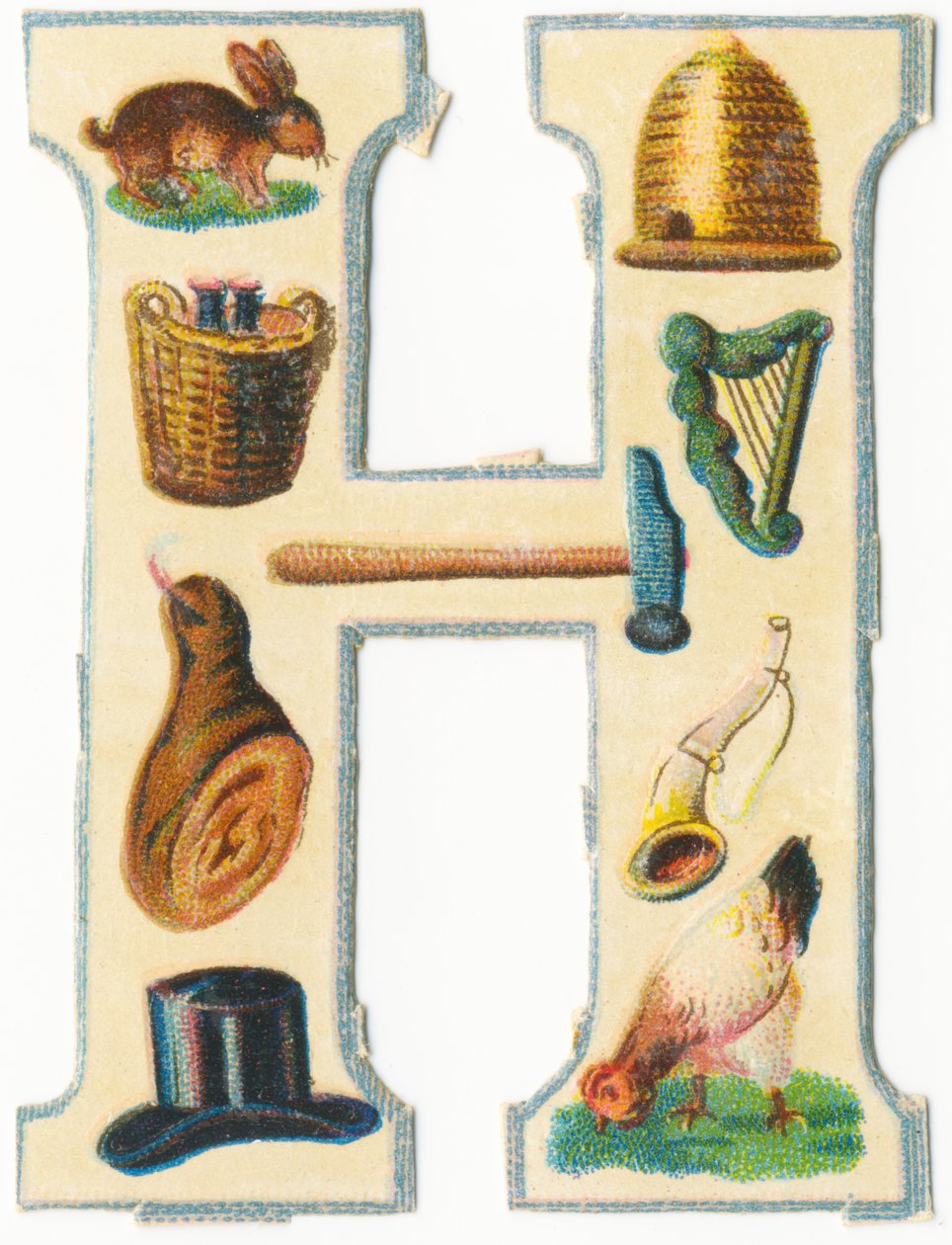 H: zajíc, úl, dožínkový koš, harfa, kladivo, šunka, roh, klobouk, slepice (barva lito) od Unknown artist