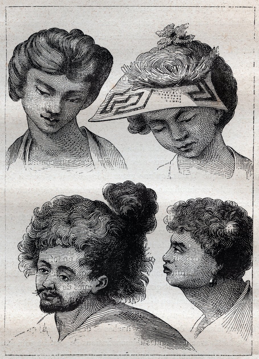 Účesy obyvatel Taiti (Tahiti) - ilustrace převzata z „Velkých námořníků 18. století““ od Unknown artist