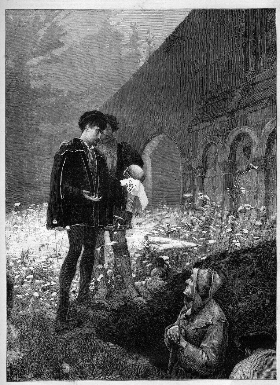 Hamlet na hřbitově podle eponymní hry Williama Shakespeara (1564-1616). Gravírování v „“Le Monde Illustré““ od Unknown artist
