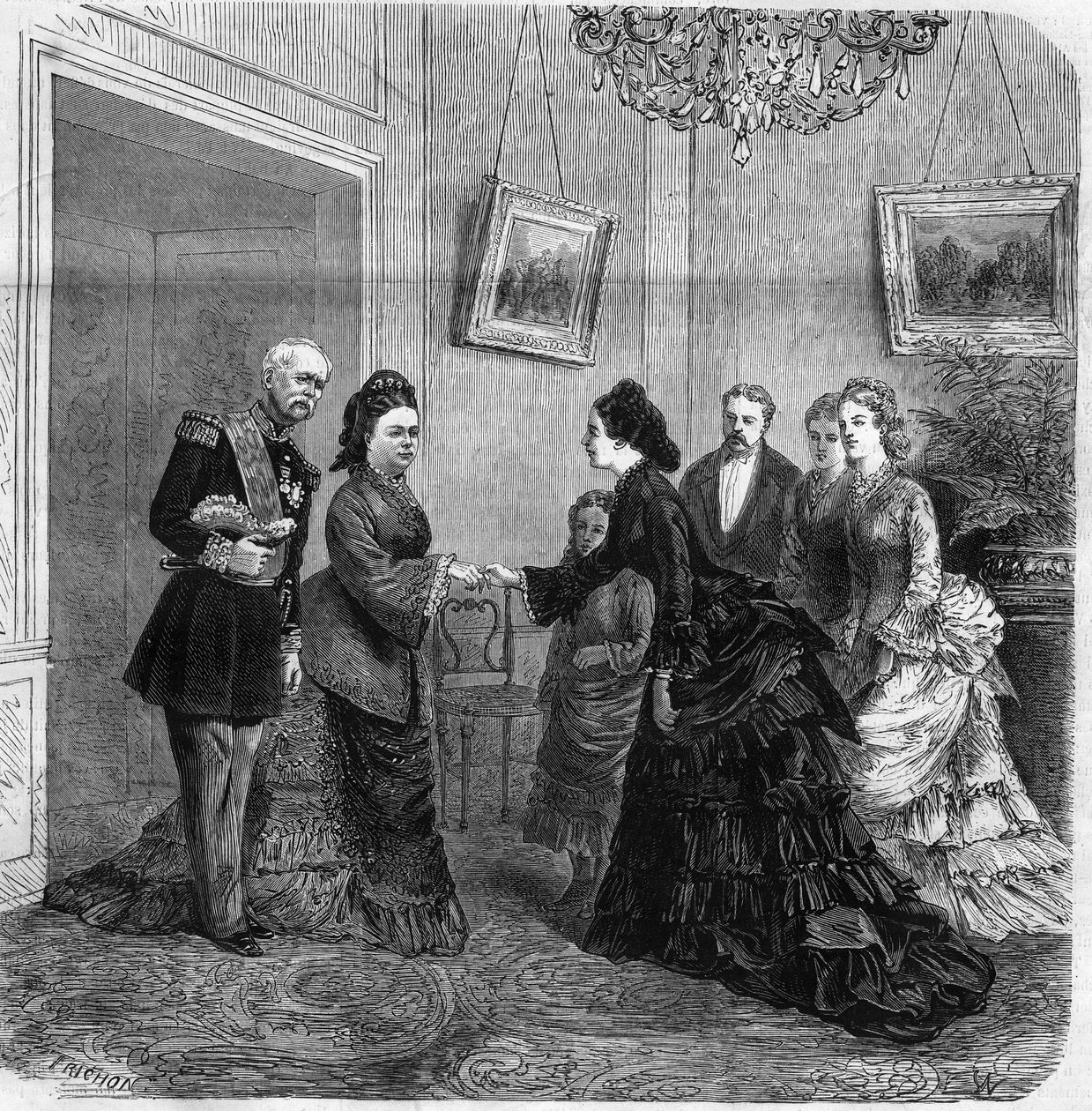 Přenos mezi Elisabeth de Mac Mahon (1834-1900) a rakouskou Impressou Elisabeth de Wittelsbach (1837-1898) (Sissi) během návštěvy prezidenta Francouzské republiky Patrice de Mac-Mahon (1808-1893) v Rakousku. 1875. Rytina v „Vesmíru od Unknown artist