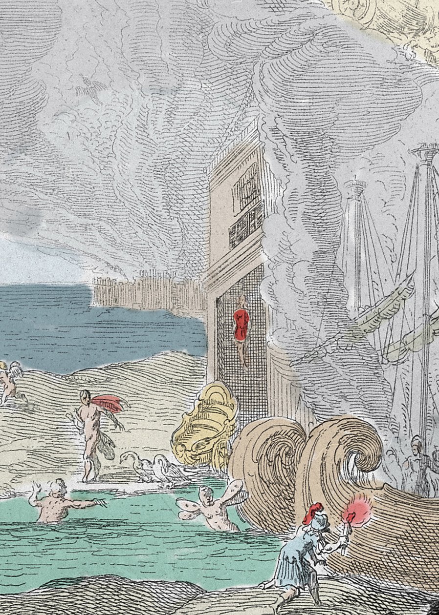 Pověšený Iphis odražen Anaxarete. Detail ilustrace převzaté z knihy XIV „“ Metamorphoses ““ (Metamorfosi) od Ovidea (43 př. nl-17 n. l.). Rytina 1637 od Unknown artist