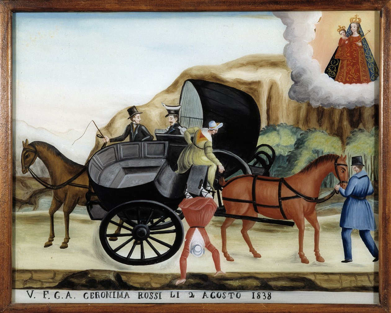 Visí mezi dvěma kočáry a pád cestujícího - Malba na skle, ex-voto od Notre Dame de Laghet od Unknown artist