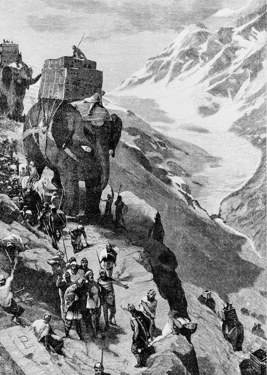 Hannibal překračuje Alpy se slony, aby dorazil do Itálie (II. punská válka). Rytina 19. století. od Unknown artist