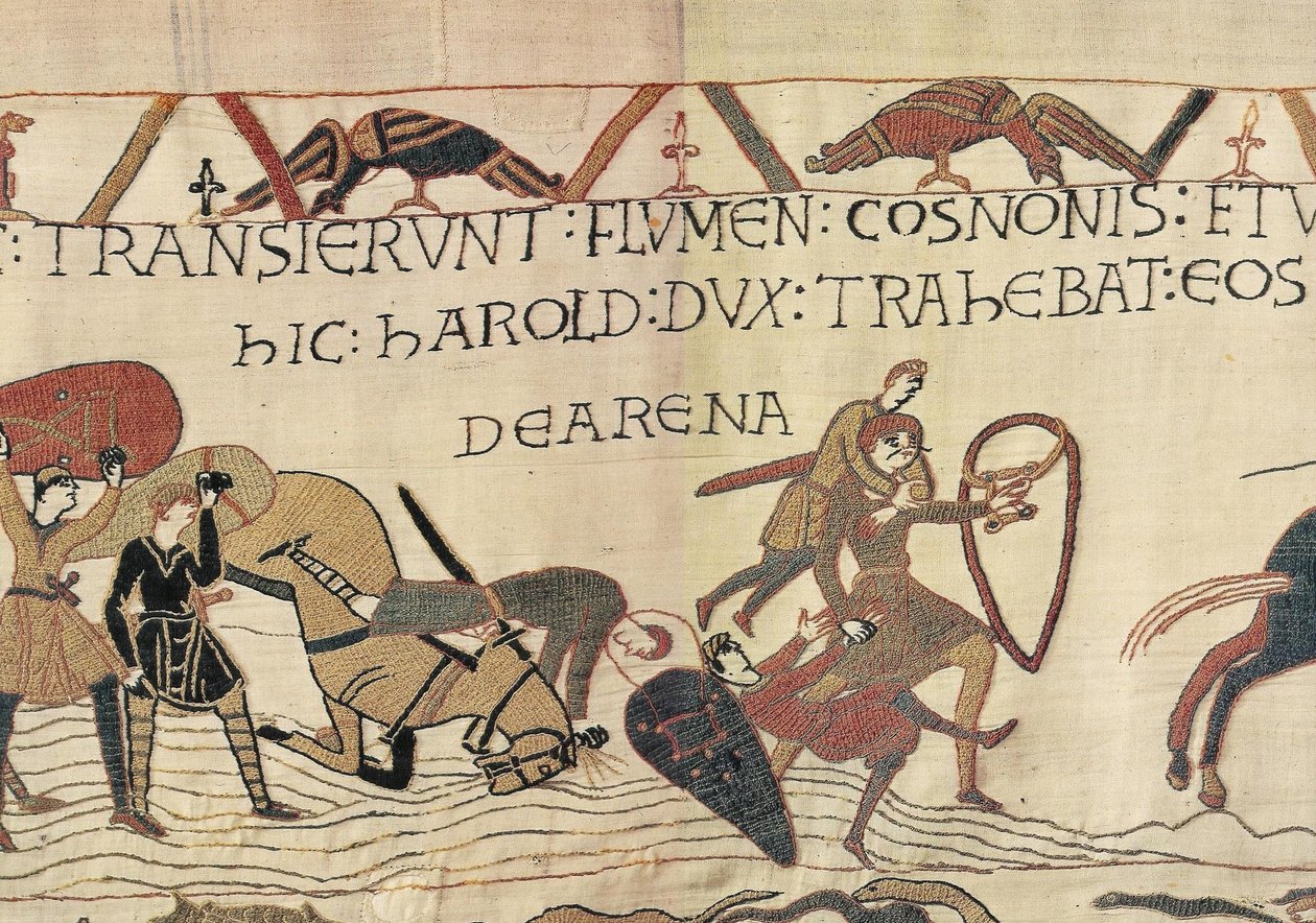 Harold Drags Norman Soldiers from the Quicksand, Bayeux Tapestry (vlněná výšivka na plátně) od Unknown artist