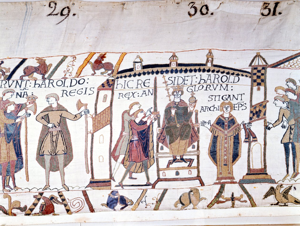 Harold II (1022 - 1066) byl prohlášen králem po smrti Edwarda Vyznavače v roce 1066, ale brzy zemřel v bitvě u Hastingsu. Tapisérie z Bayeux nebo výšivka královny Mathildy od Unknown artist