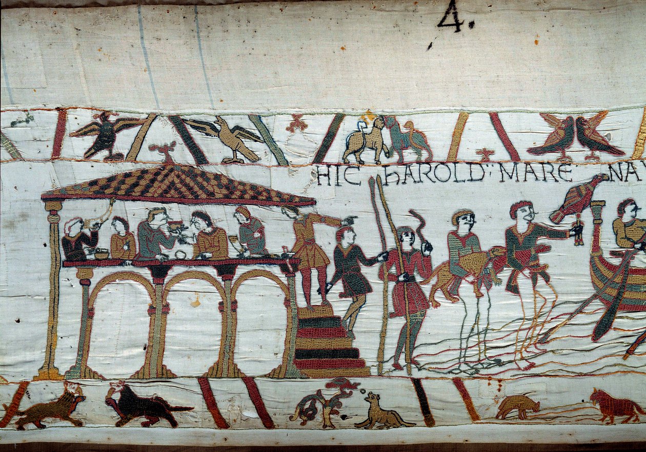 Harold je poslán anglickým králem Edwardem Vyznavačem do Normandie, aby informoval vévodu Viléma Dobyvatele (1027-1087), že bude jeho nástupcem Anglické koruny: poslední jídlo na souši před naloděním do Normandie Detail tapisérie z od Unknown artist
