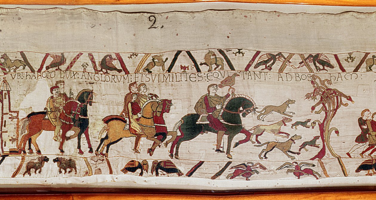 Harold je poslán se svými muži do Normandie Edwardem Vyznavačem, Bayeux Tapestry (vlněná výšivka na plátně) od Unknown artist