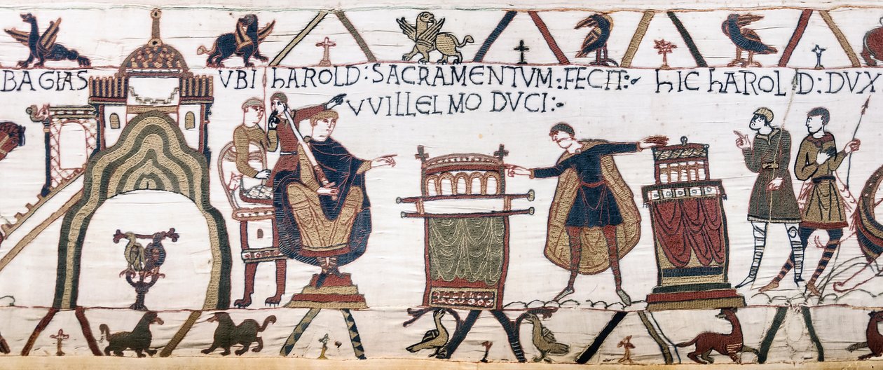 Harold přísahá Williamovi posvátnou přísahu v Bayeux, Bayeux Tapestry (vlněná výšivka na plátně) od Unknown artist