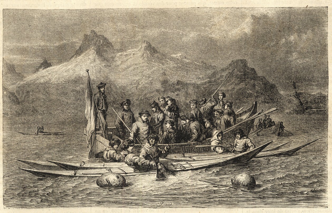 Lov tuleňů harfových – Lov tuleňů v Grónsku – rytina z „“The Illustrous Universe““ 1866 od Unknown artist