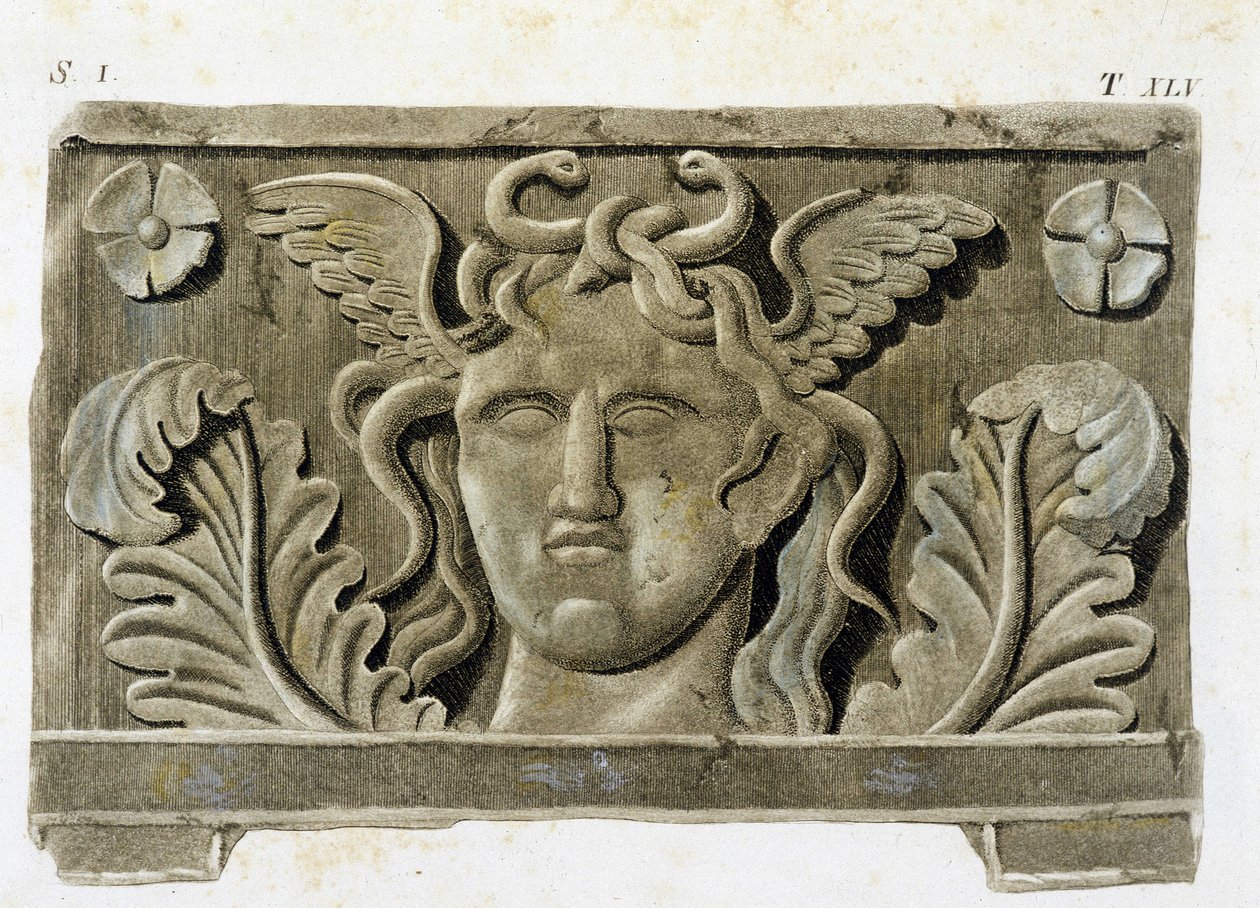 Hlava Medúzy, jedna ze tří Gorgon, kamenný basreliéf - v „Monumenti Etruschi““. od Unknown artist