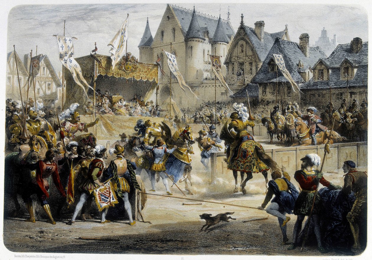 Henri II (1519 - 1559) smrtelně zranil Montgomery během turnaje 29. června 1559, rue St Antoine, před Palais des Tournelles - litografie od Unknown artist