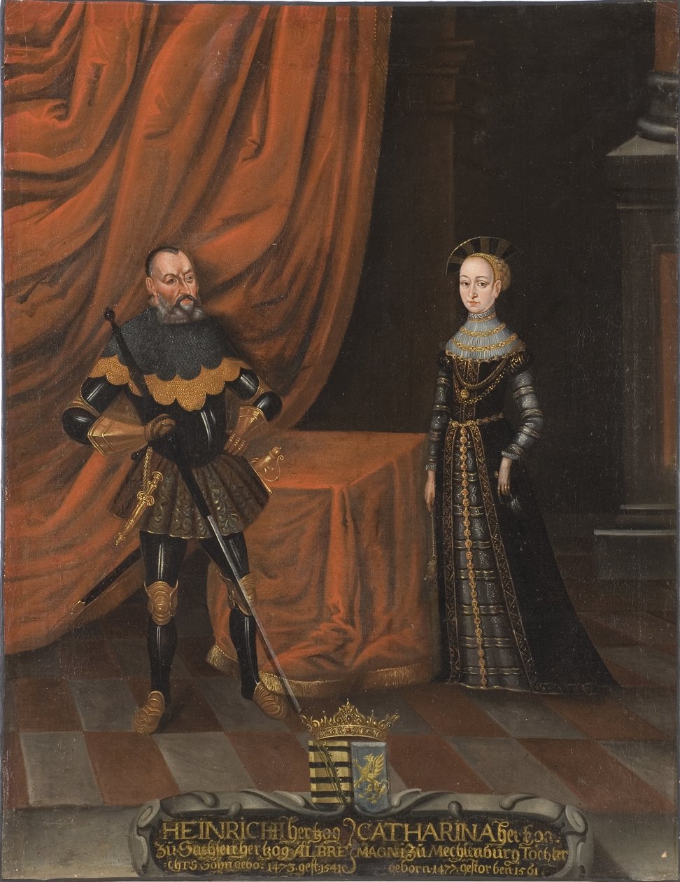 Henri IV de Saxe, dit le Pieux et Catherine de Mecklembourg - vévoda Jindřich Pobožný (1473-1541) a vévodkyně Kateřina Meklenburská (1487-1561), anonym. Olej na plátně. Rozměr: 101,5 x 79 cm. Národní muzeum Stockholm od Unknown artist