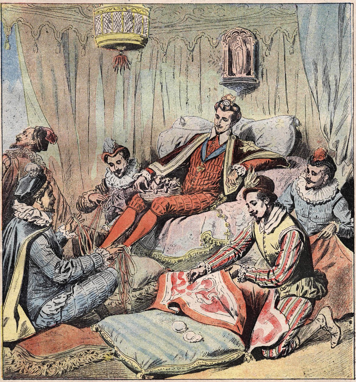 Jindřich III. (1551 - 1589) a jeho miláčci. Král (Jindřich III.; 1551 - 1589) sedí vzadu; má nohy Quelus a Maugiron copánkové stuhy; Schomberg udělá gobelín... O a Epernon vyhlédne z otvorů, nakonec si Chicot sedne na jednoho z vrátných. od Unknown artist