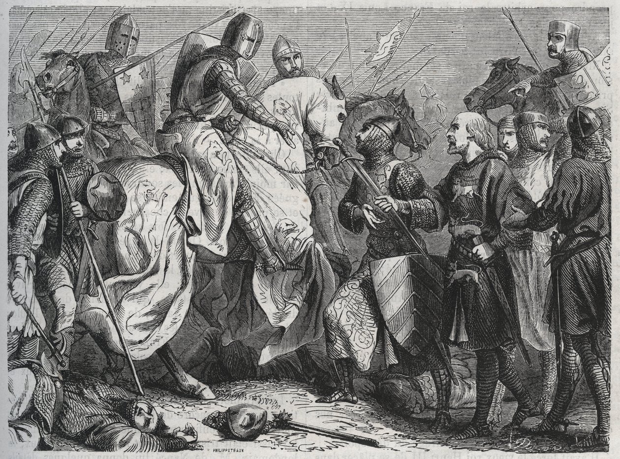 Henry III (Henry III Plantagenet of England) (1207-1272) je zajat Simonem V. z Montfortu (asi 1208-1265) v Lewes v Sussexu 1264 - rytina 1864 od Unknown artist