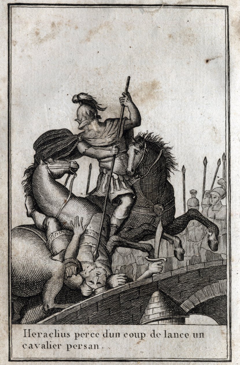 Heraclius I (Flavius Heraclius, Herakleios (asi 575-610/641), byzantský císař, oštěp perského jezdce (válka proti Peršanům), 7. století. Rytina v „Beaute de l