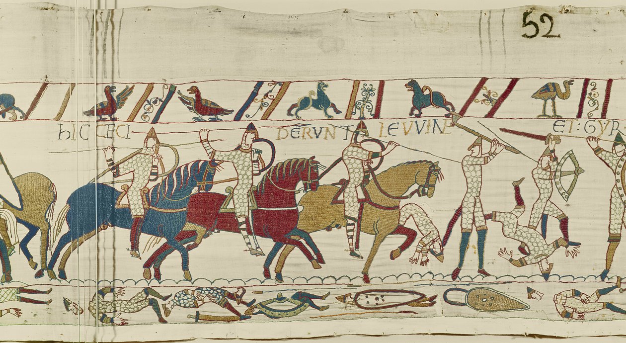 Zde padli bratři Haroldovi: Gyrth a Leofwine, Bayeux Tapestry (vlněná výšivka na plátně) od Unknown artist