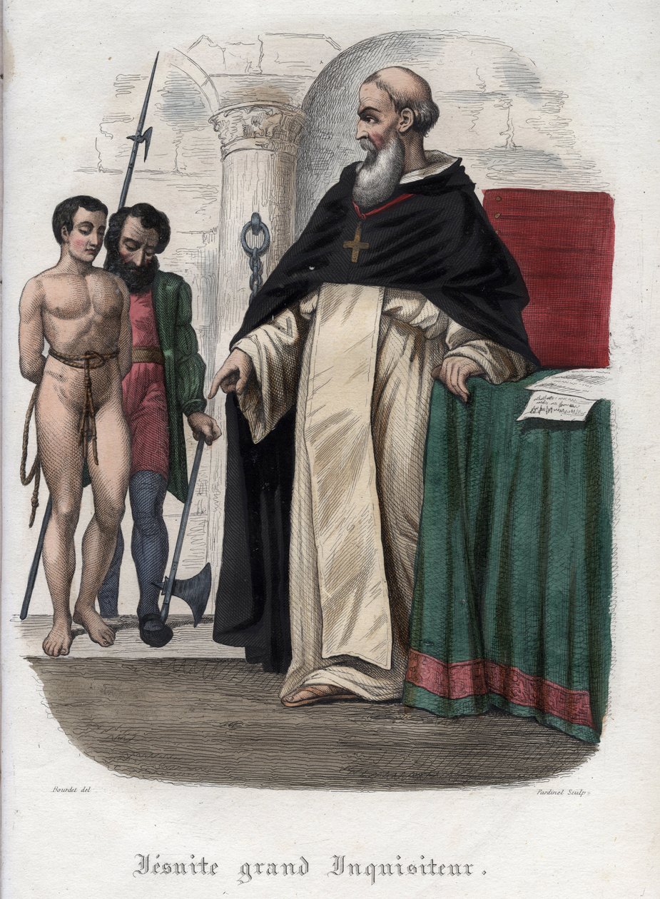 Heretický vězeň a jezuitský velký inkvizitor v době vlády papeže Klementa VIII. (1592-1605). Rytina z roku 1842 v „Histoire des Popes““ od Maurice Lachatre. Soukromá sbírka. od Unknown artist