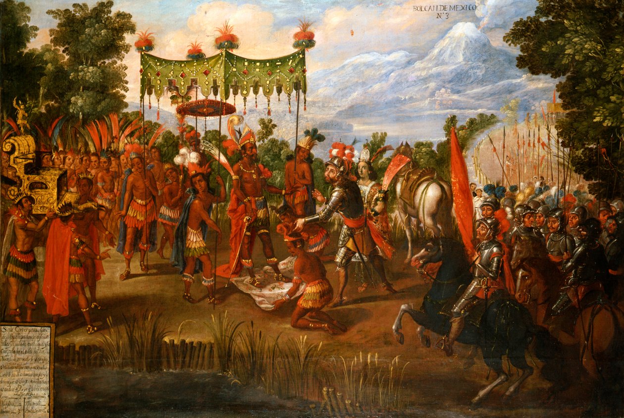 Hernan Cortes se setkává s císařem Moctezumou od Unknown artist