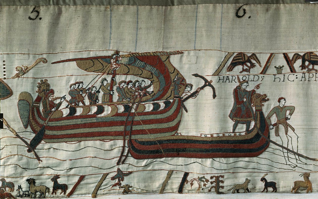 Loď Harolda II (1022 - 1066) (drakkar) unesená bouří uvízla na pobřeží Ponthieu - Bayeux Tapestry, známá jako Výšivka královny Mathildy od Unknown artist