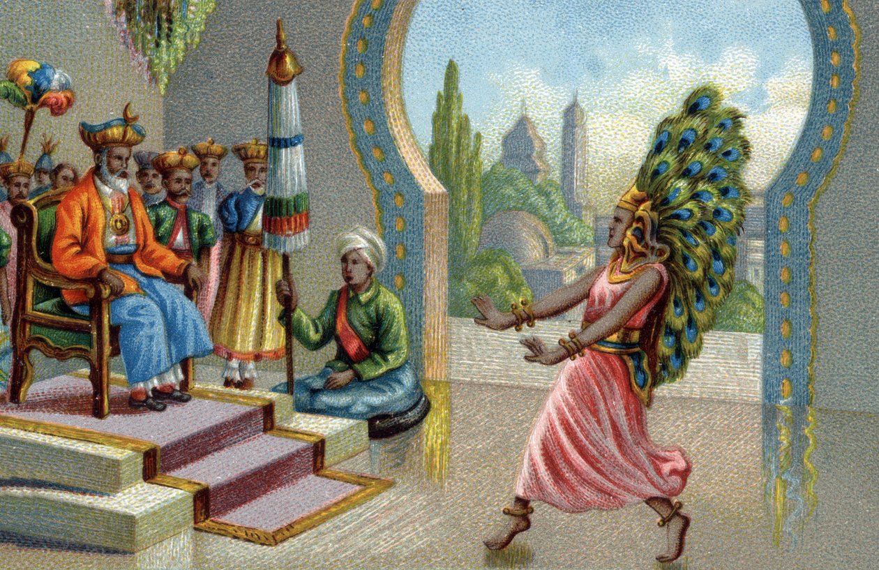 Hinduistická tanečnice zdobená pavími pery: obyvatelé se zdobí pavími pery nebo dělají ocasy. Chromolitografie 19. století od Unknown artist