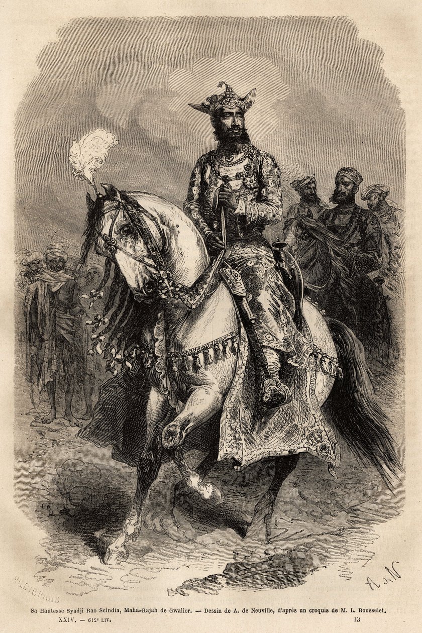 Jeho Výsost Syadji Rao Scindia (1846-1886), Maharajah of Gwalior (dnešní Madhya Pradesh). Rytina k ilustraci Indie Rajahs, Louis Rousselet, v letech 1864-1868, publikovaná v „“Le tour du monde“““ 1872, editoval Edouard Charton, Hachette edi od Unknown artist