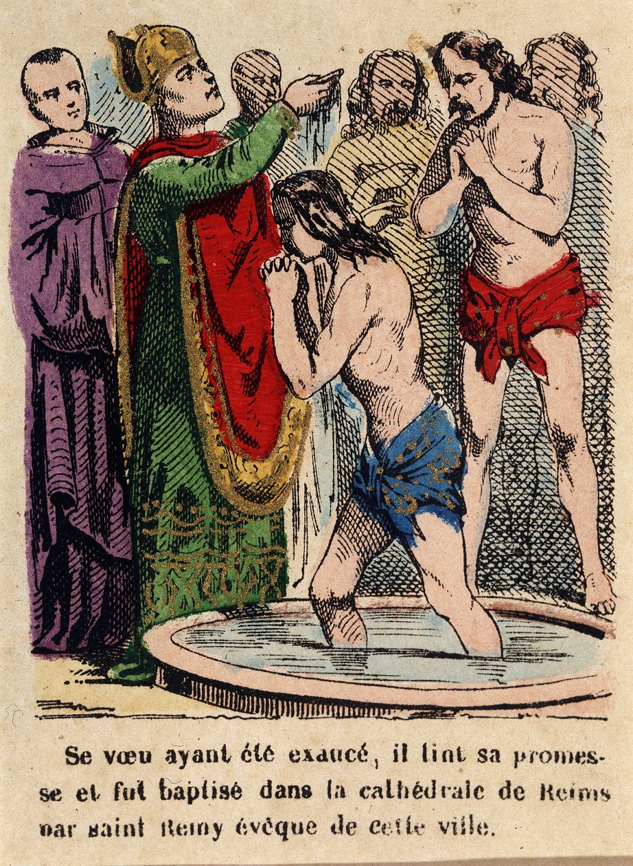 Jeho slib byl splněn, Clovis byl pokřtěn v katedrále v Remeši Saint Rémi, biskupem města od Unknown artist