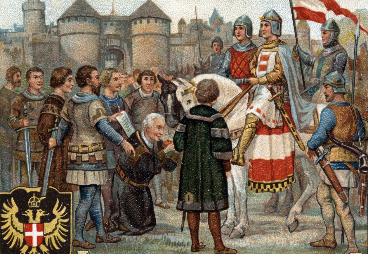 Historické epizody slavných měst: Rudolf Habsburský (Rodolf I. Svaté říše 1218-1291) obsadil Vídeň (1276). Rodolph I. byl král Římanů a zmocněním se města Vídně založil moc Habsburků. Chromol od Unknown artist