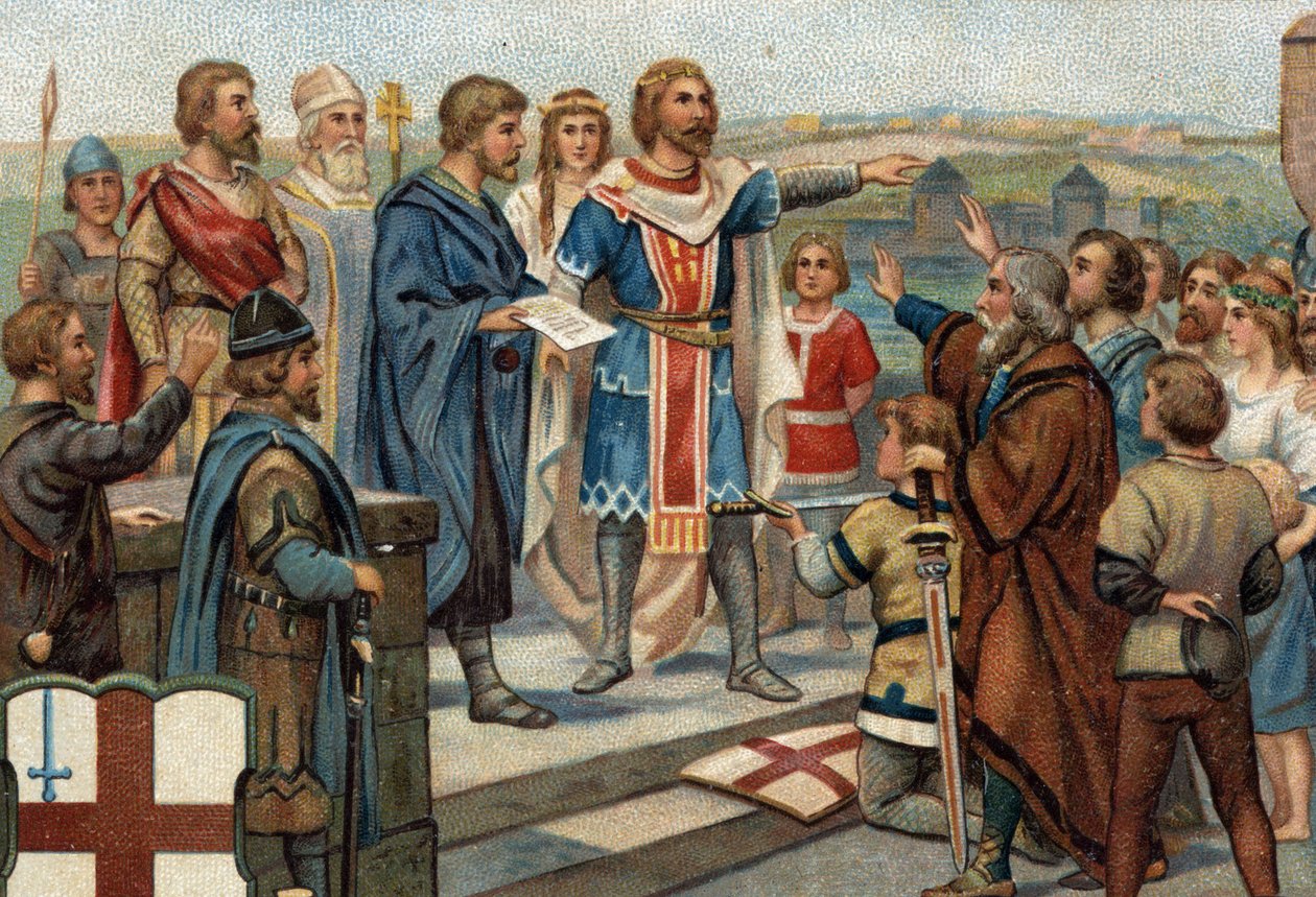 Historické epizody slavných měst: Alfréd Veliký (849-899) vrací Londýn jeho bývalým obyvatelům (886), „Mír Alfreda a Guthruma“ znamenal vítězství Anglosasů proti Dánům (= Viking). Chromolitografie 19. století. od Unknown artist